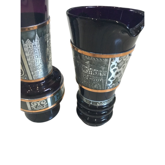 VTG Gdańsk Poland Souvenir Pitcher & Goblet Set – Amethyst Glass & Metal Etching - Picture 6 of 16